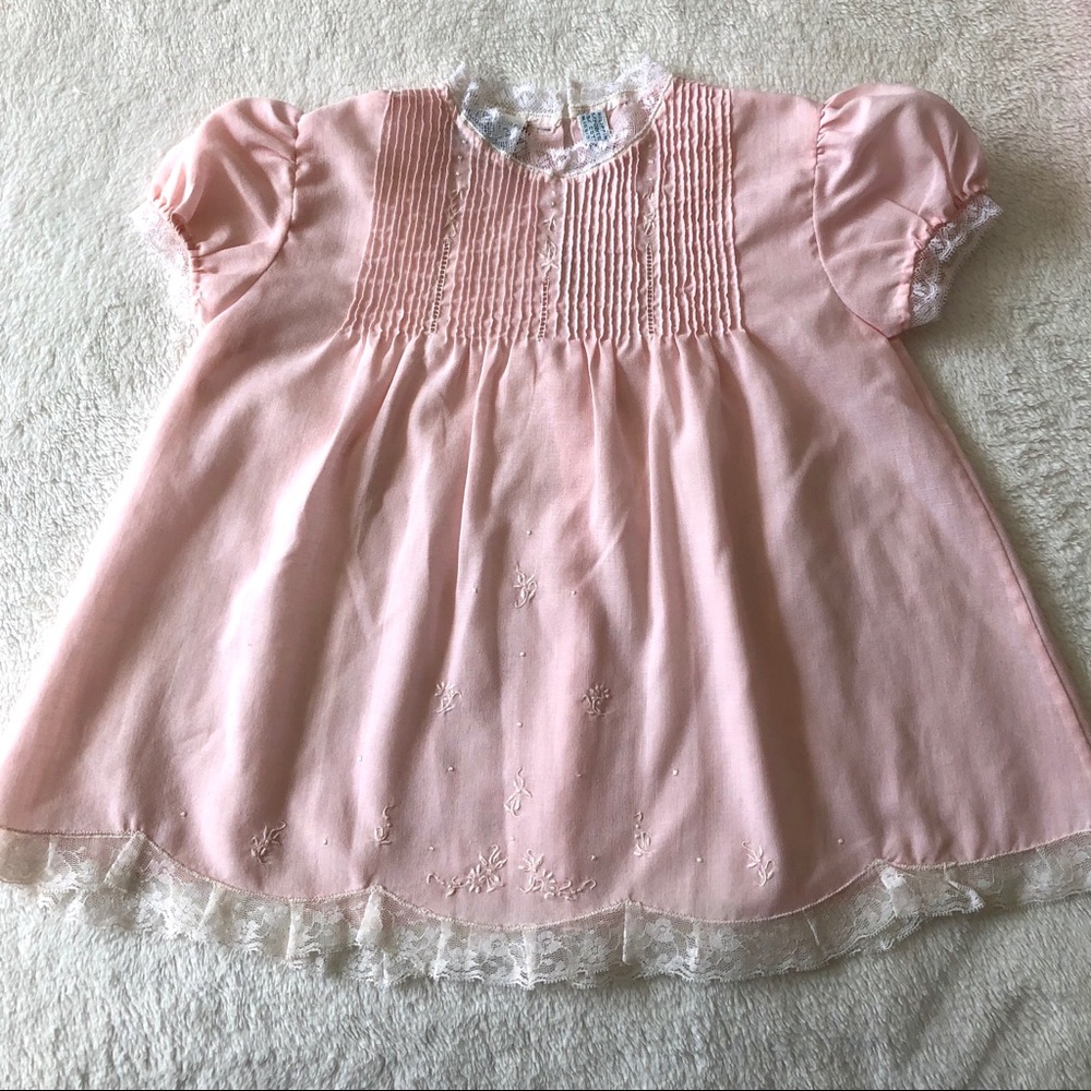Vintage pink baby dress with slip embroidery lace